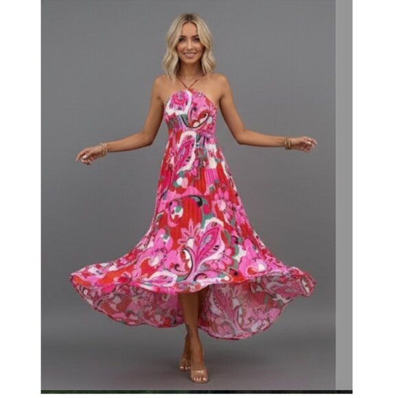 Floral Print Pleated Hem Shirred Halter Neck Dress - Picture 1 of 10